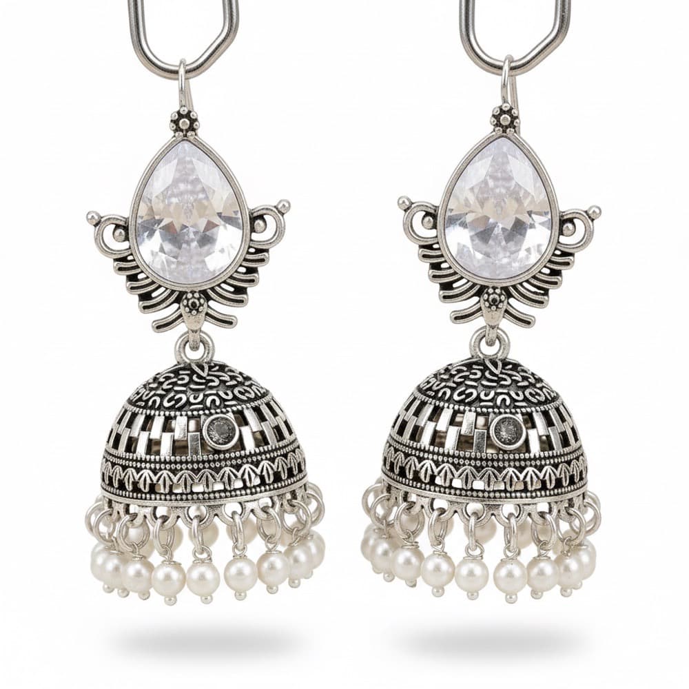Zircon drop Silver oxidized Jhumka (Medium Size), photographed against a plain background