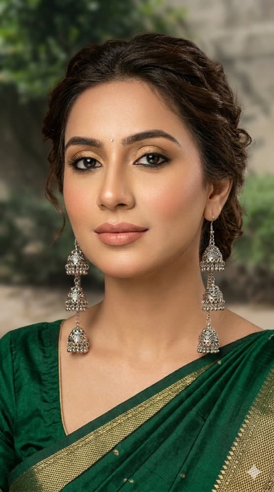 Triple layer long chain Jhumka’s Style Earrings, photographed against a plain background