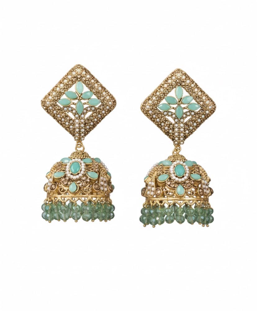 Mint Jhumki Earrings, photographed against a plain background