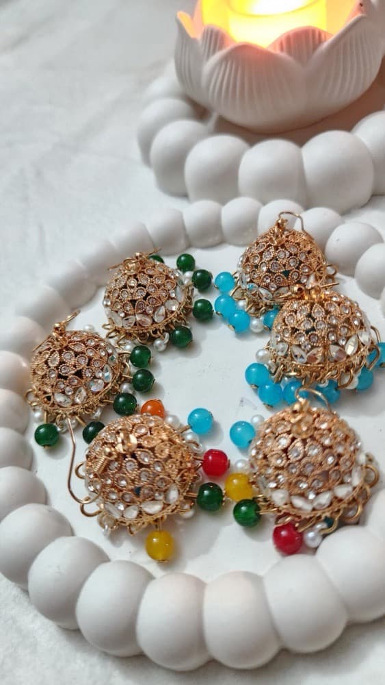Basic Kundan Jhumki (Medium size)-Gold base with multiple colors option, photographed against a plain background