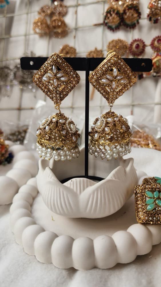 Premium Rajwari (milky Pearl-stone) Jhumki (Large Size) Earrings, photographed against a plain background