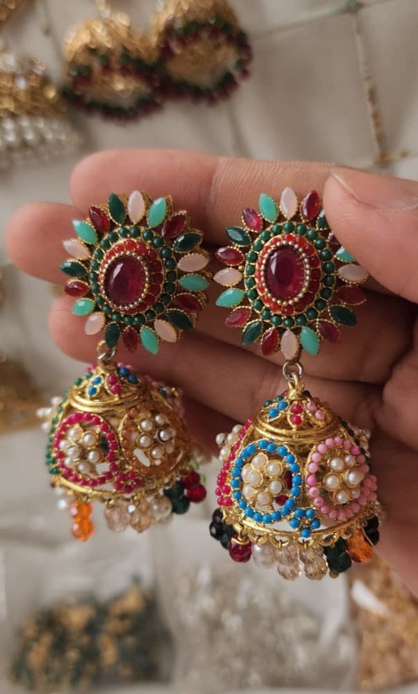 Rajwari Multi-color mini pearl indented(Medium) Jumka Earrings, photographed against a plain background