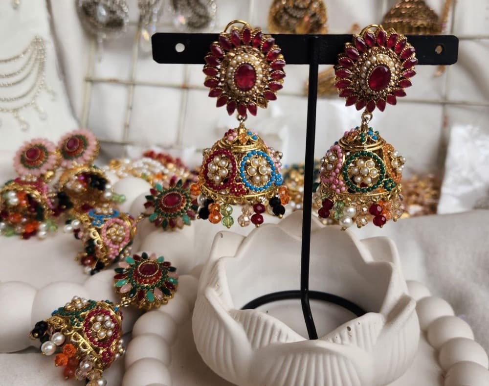 Rajwari Maroon with Multi-color mini pearl indented(Medium) Jumka Earrings, photographed against a plain background