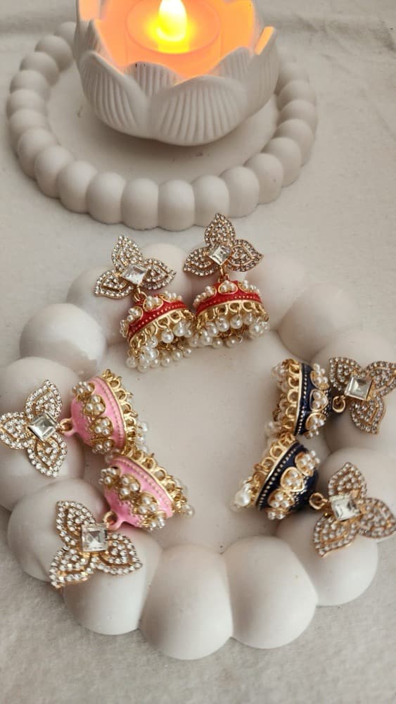 Cubic Zircon enamel-Pearl Jhumki, photographed against a plain background