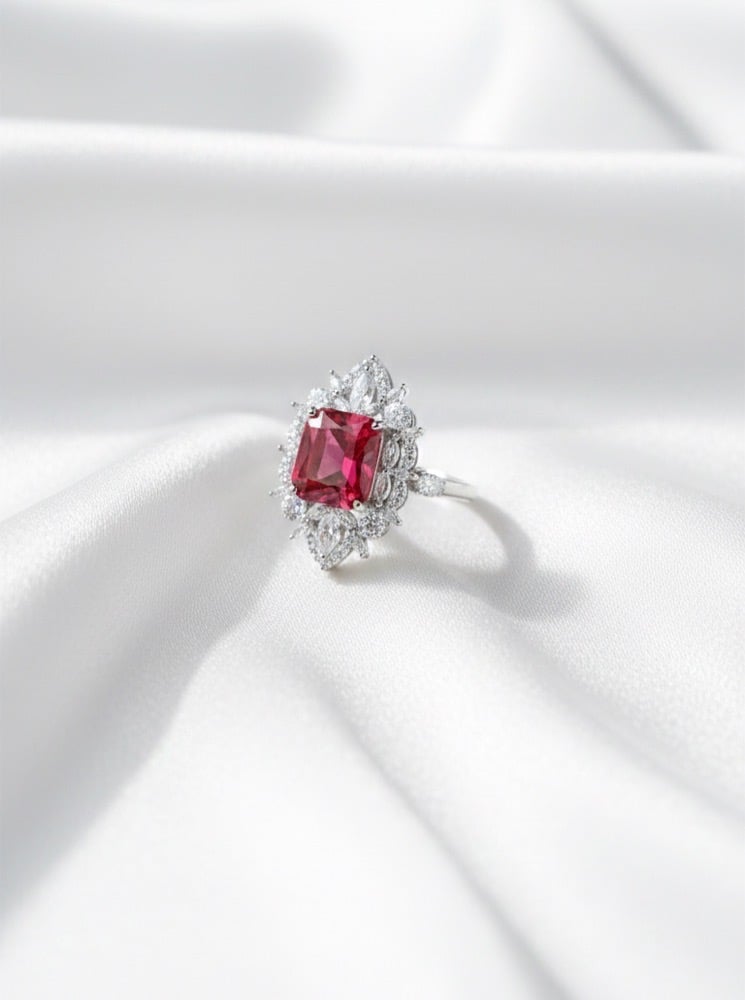 Royal Crimson zircon ring with a red centre stone