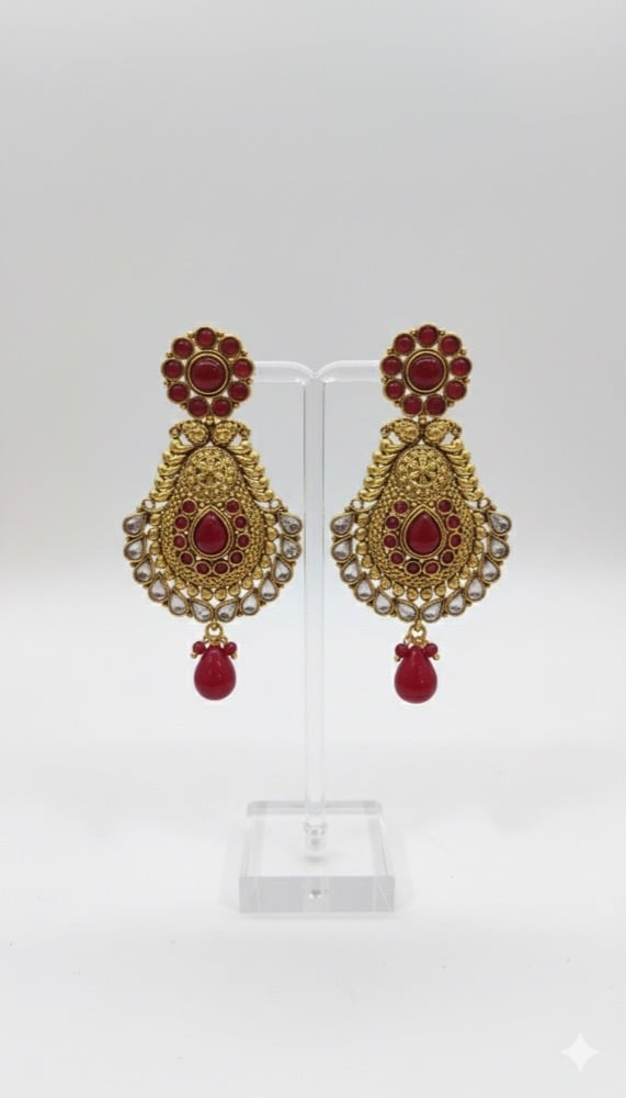 Antique gold finish red stone kundan earrings