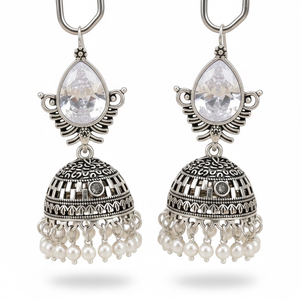 Zircon drop Silver oxidized Jhumka (Medium Size), photographed against a plain background