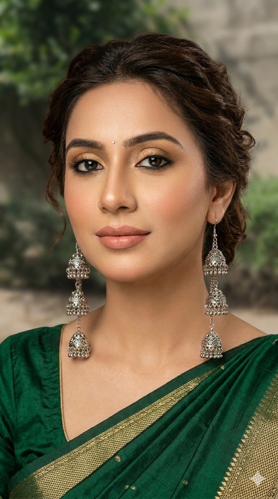 Triple layer long chain Jhumka’s Style Earrings, photographed against a plain background