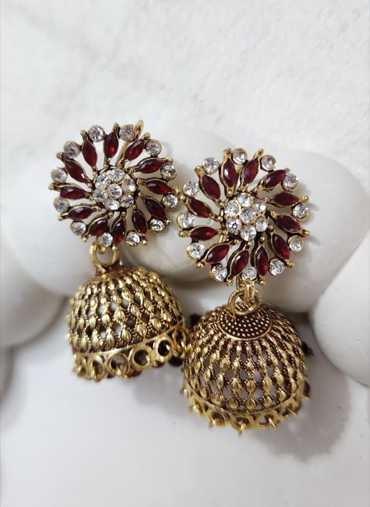 Mehroon Stoned Sun-Copper base Jhumka, photographed against a plain background