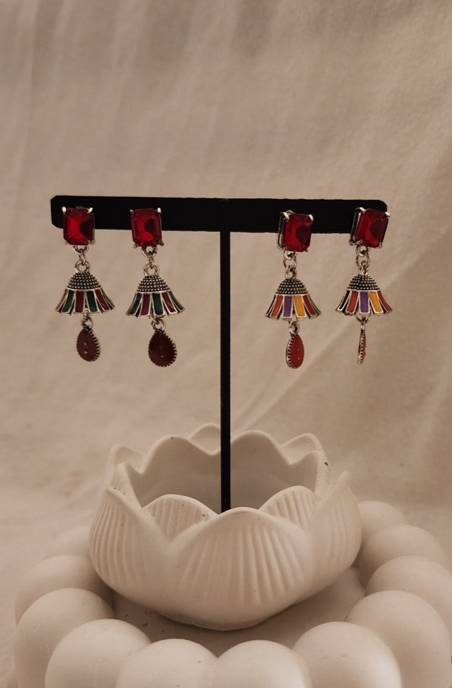 Maroon- Enamel multi color jhumki (small ), photographed against a plain background