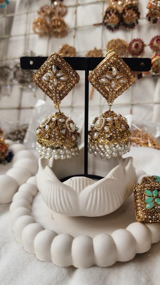 Premium Rajwari milky pearl-stone jhumki earrings, large size