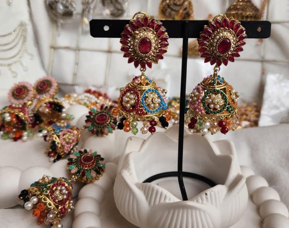 Rajwari maroon jhumki earrings with multi-colour mini pearls
