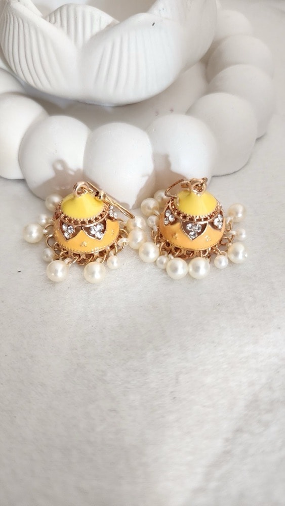 Yellow Enamel-pearl Jhumka, photographed against a plain background