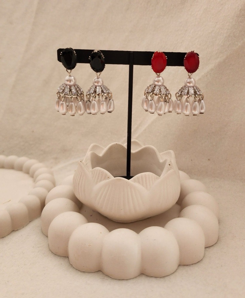 1carat Pearl Drop Jhumka earings ( Red/Black), photographed against a plain background