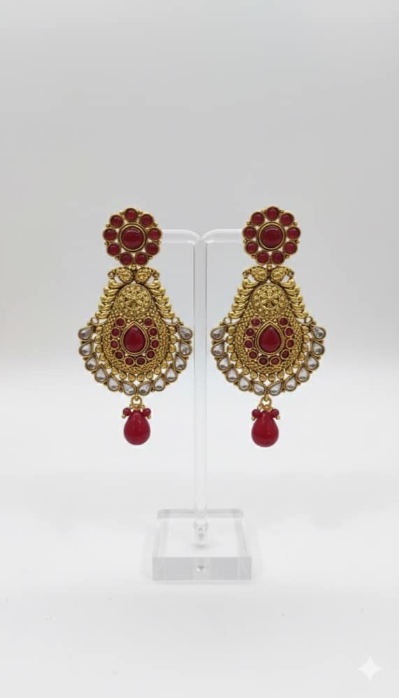 Antique gold finish red stone kundan earrings